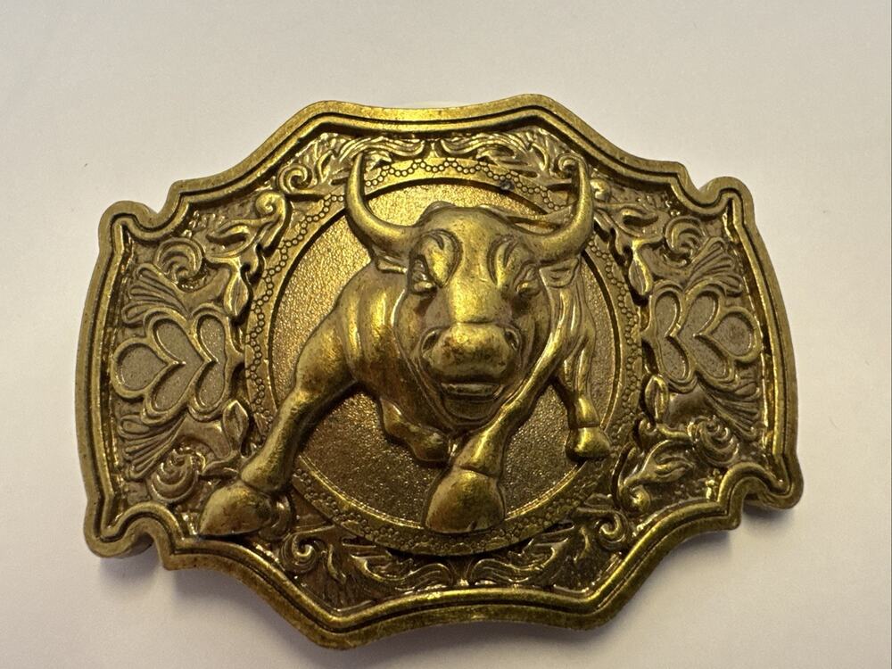 Vintage Solid Brass Bull Belt Buckle Western Cowboy Longhorn Rodeo Steer 1970s